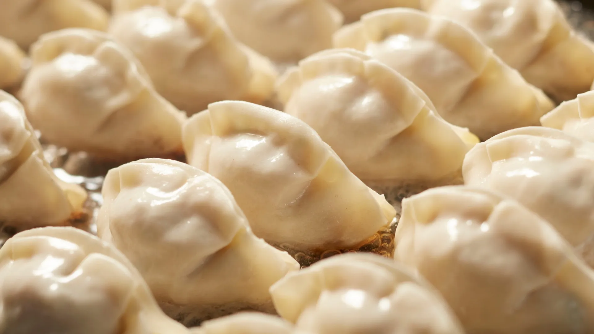 Glossy fried dumplings cooking in hot oil at Dumpling Legend, a Chinese Restaurant in Lakewood